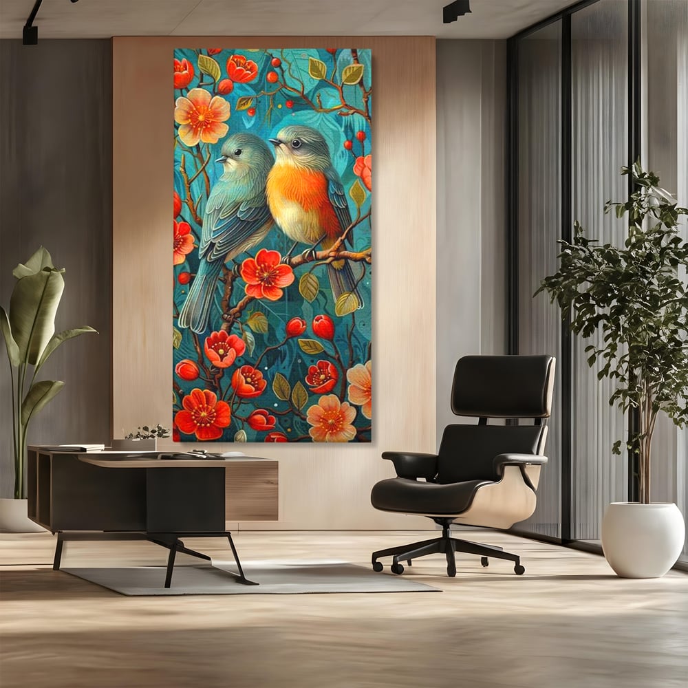Tablou canvas cu tablou canvas cu pasari pe creanga, fara rama, pe sasiu de lemn, pe perete intr-un birou